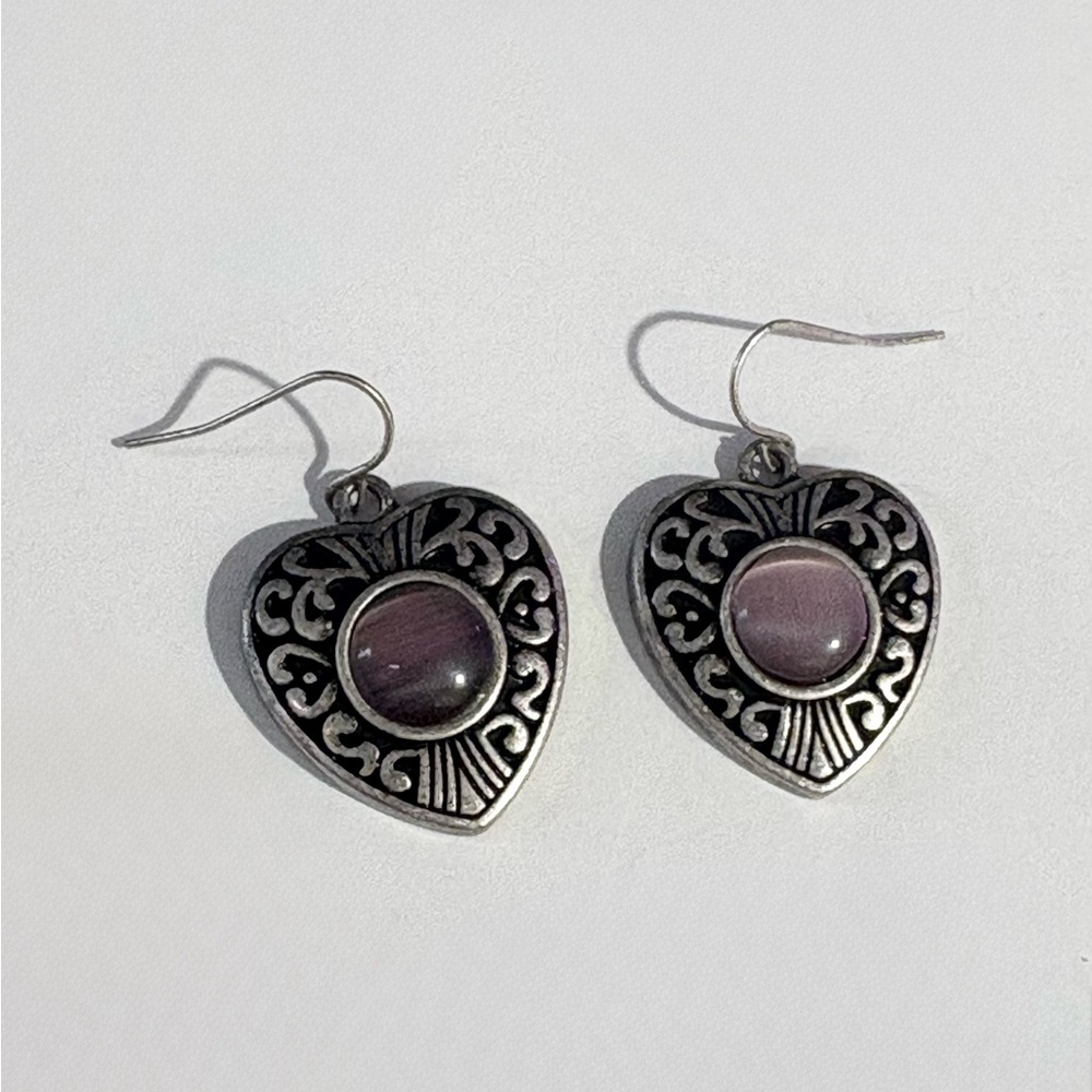 Silver Tone Heart Dangle Ornate Purple Resin Earrings